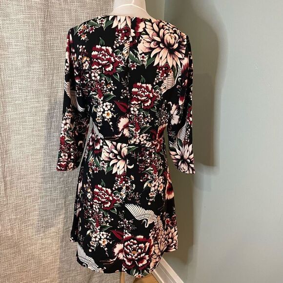 Nicole Miller Floral Crane Dress Black Print Romantic 6 With Pockets Unlined - Picture 6 of 9